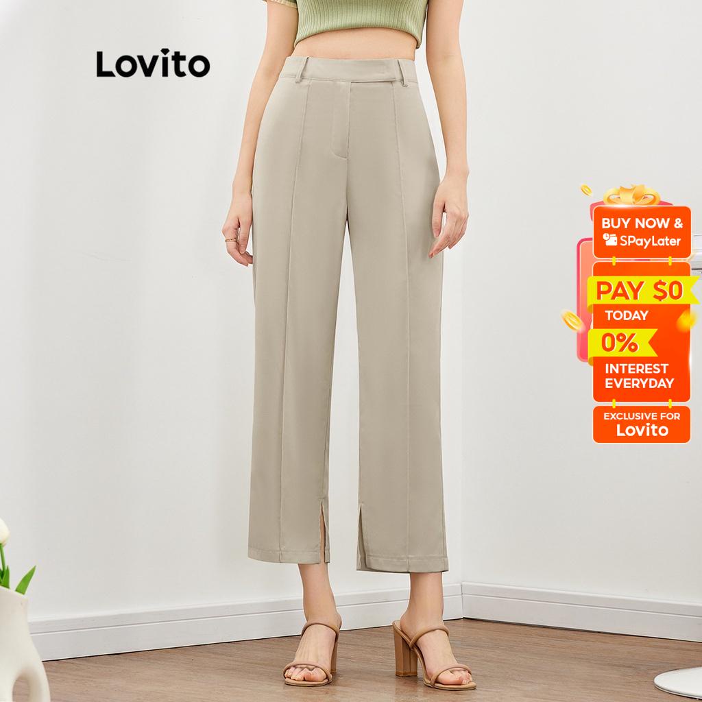 Lovito Elegant Plain Split Straight Leg Pocket Straight Mid Waist Pants