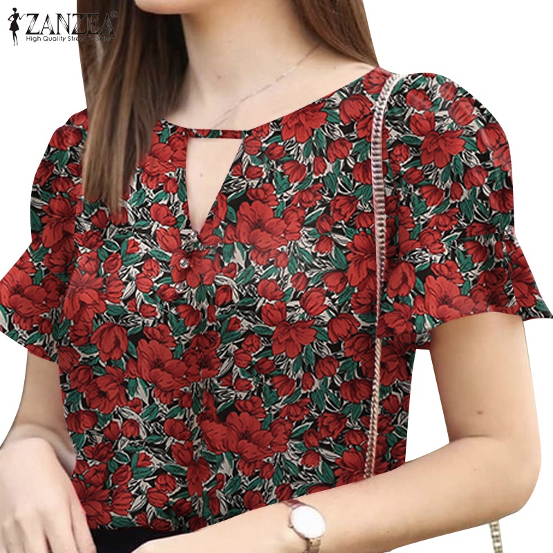 Zanzea Women Vintage V Neck Short Sleeves Daily Floral Printing Blouses