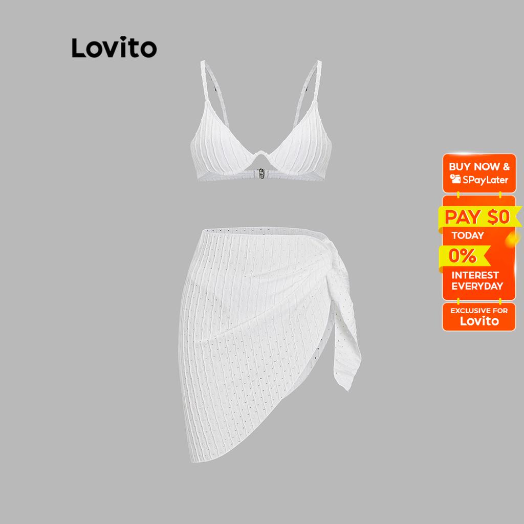 Lovito Casual Plain Lace Up Textured Fabric Removable Pads Bikini Set