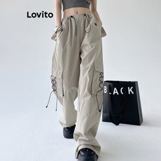 Lovito Casual Plain Lace Up Pocket Drawstring Pants For Women Lna