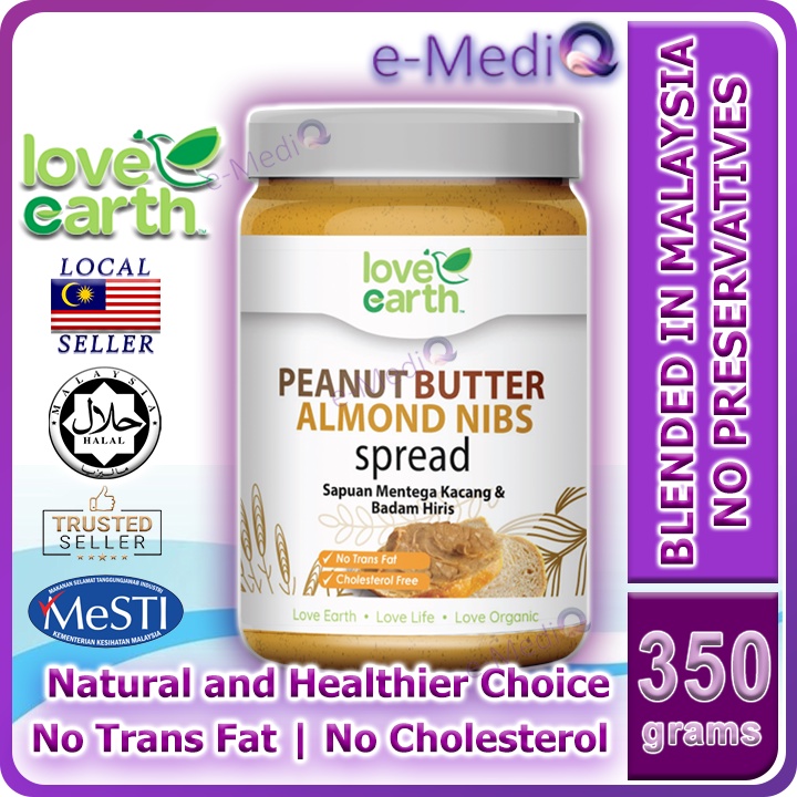 Love Earth Organic Peanut Butter Almond Nibs Spread 350g Taburan Biji