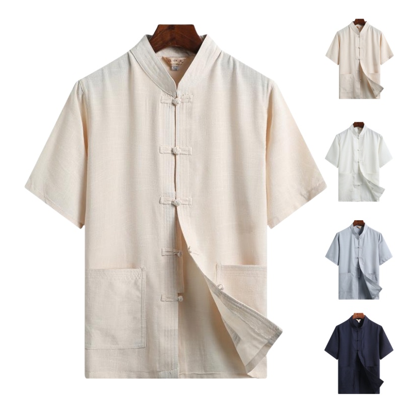 Mens Summer Short Sleeved Linen Shirt For Men Solid Tang Suit Chinese