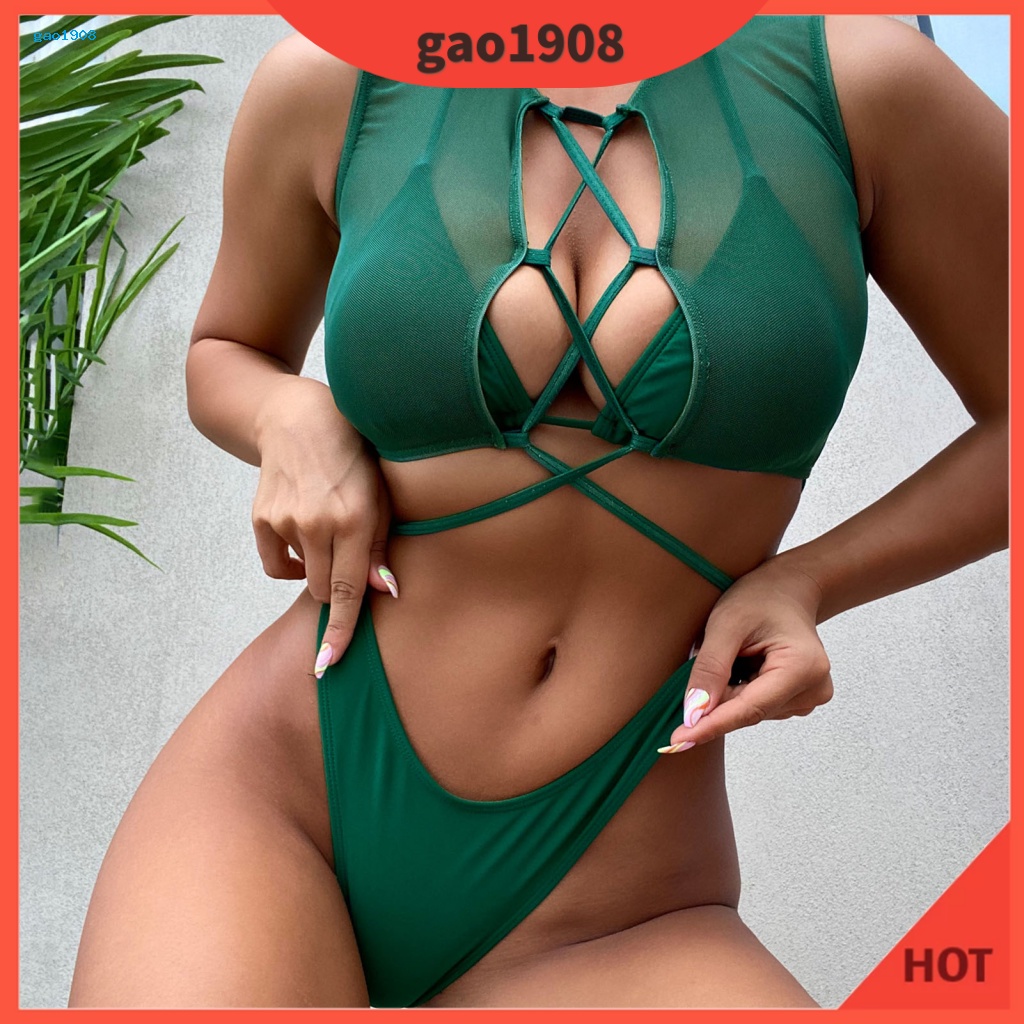 Gao Bikini Set Green Color Hollowed Out Sheer Mesh Three Piece Summer