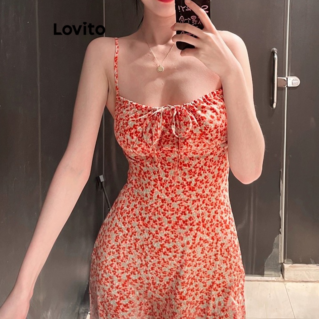 Lovito Casual Ditsy Floral Pattern Dress For Women Lna Red