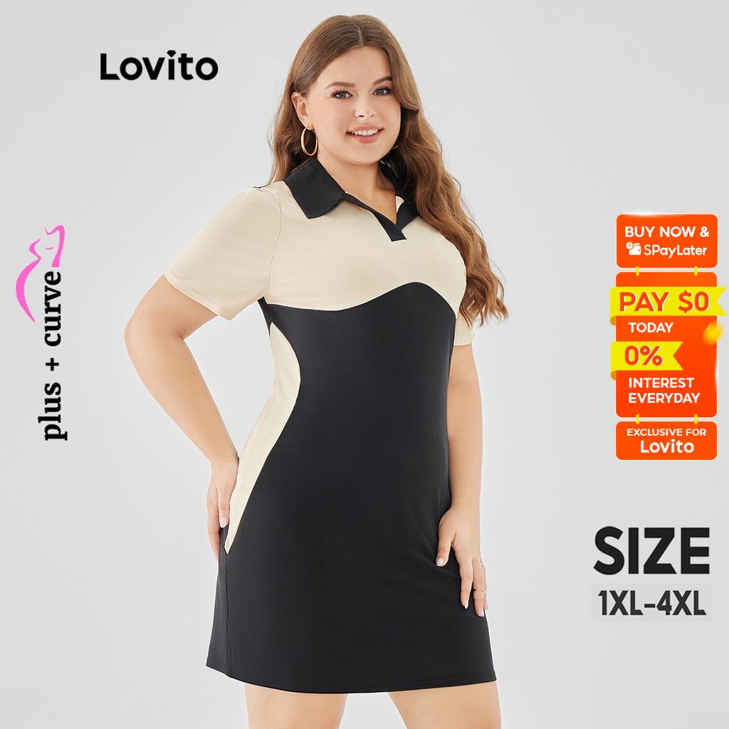 Lovito Plus Size Curve Casual Plain Colorblock Dress For Women LPS09067