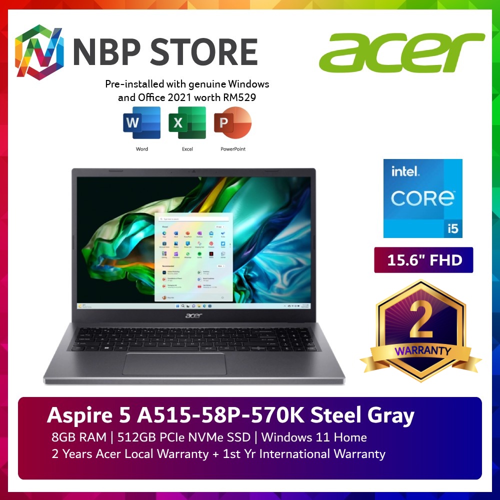 Acer Aspire 5 A515 58P 570K 15 6 FHD Laptop Steel Gray I5 1335U