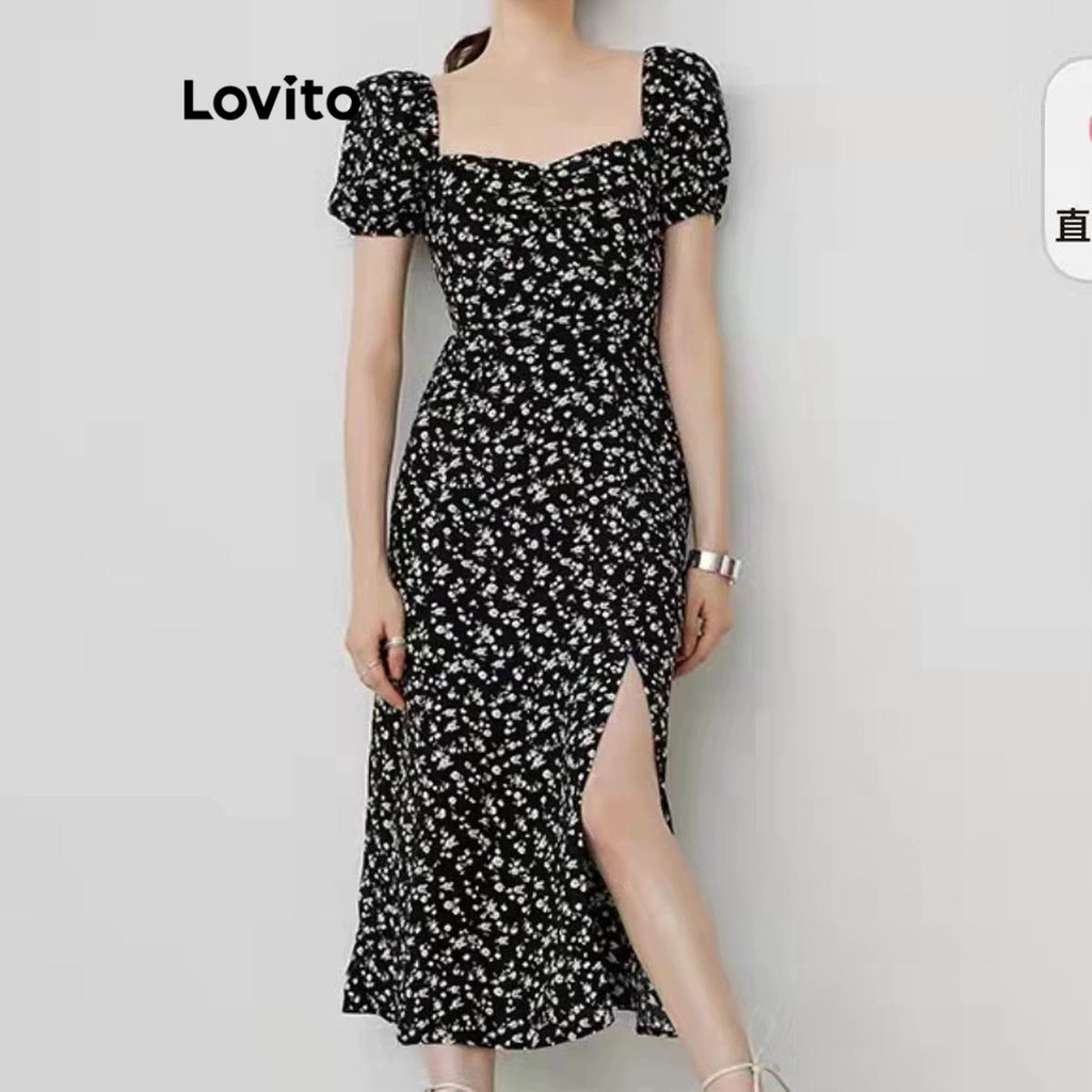 Lovito Casual Ditsy Floral Split Dress For Women Lne Black