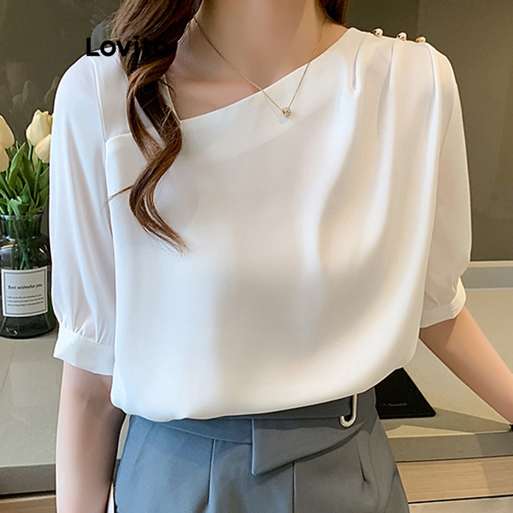 Lovito Elegant Plain Button Asymmetrical Blouse For Women Lna