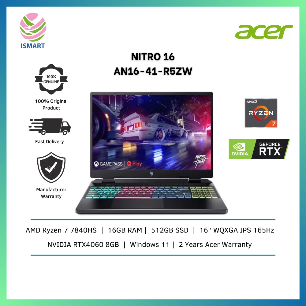 Acer Laptop Nitro 16 AN16 41 R5ZW 16 WQXGA 165Hz Gaming Ryzen 7