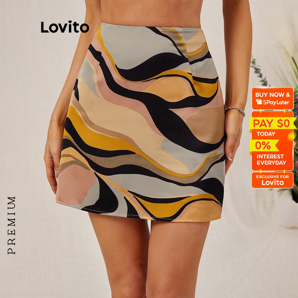 Lovito Casual Wave Print Abstract Summer Colorful Zipper A Line