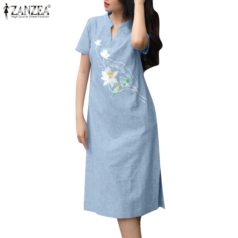 Zanzea Women Korean Daily Split Hem V Neck Short Sleeves Floral