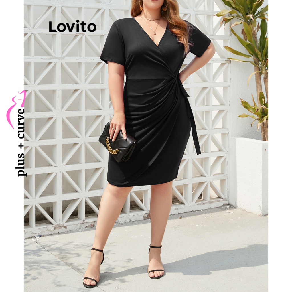 Lovito Plus Size Curve Elegant Plain Wrap Dress For Women LNL37033