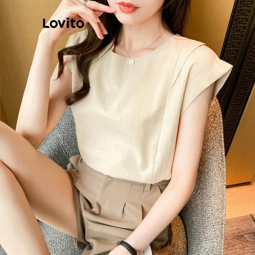 Lovito Casual Plain Structure Line Fabric Stitching Blouse For Women