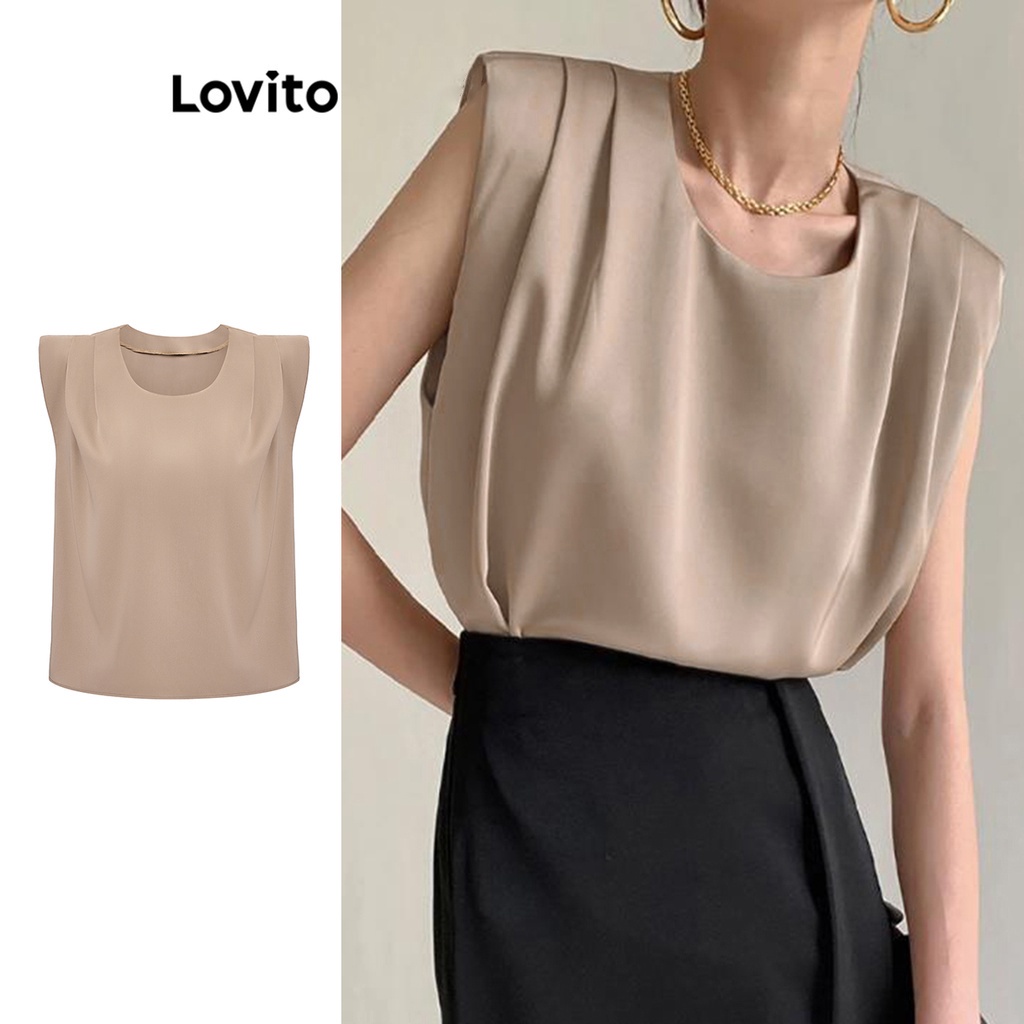 Lovito Elegant Plain Ruched Shoulder Pads Tank Top For Women L Ed