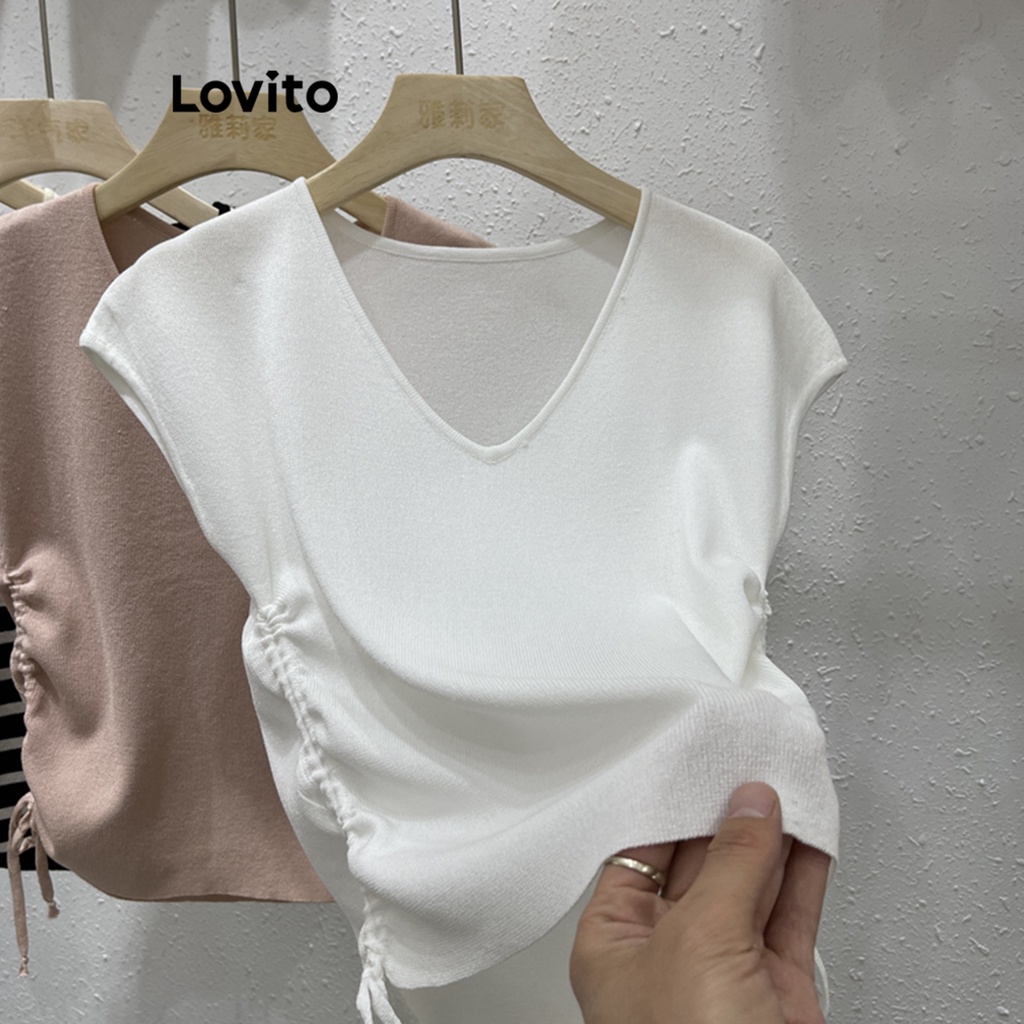 Lovito Casual Plain Drawstring T Shirt For Women Lna White Pink