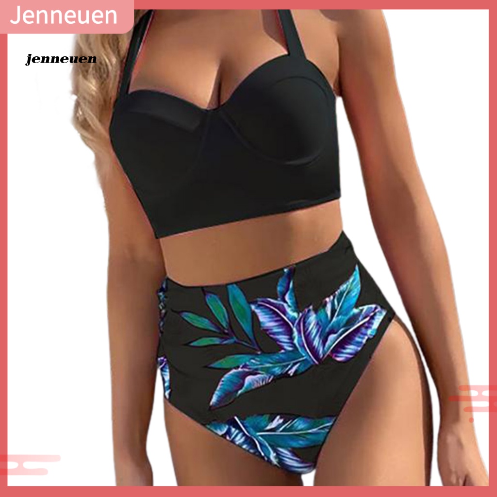 JEN Padded Underwire Beach Bikini Set Two Piece Halter Bra Leaf Print