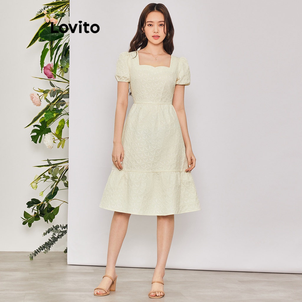 Lovito Elegant Plain Embroidery Ruched Square Neck Puff Sleeve Dress