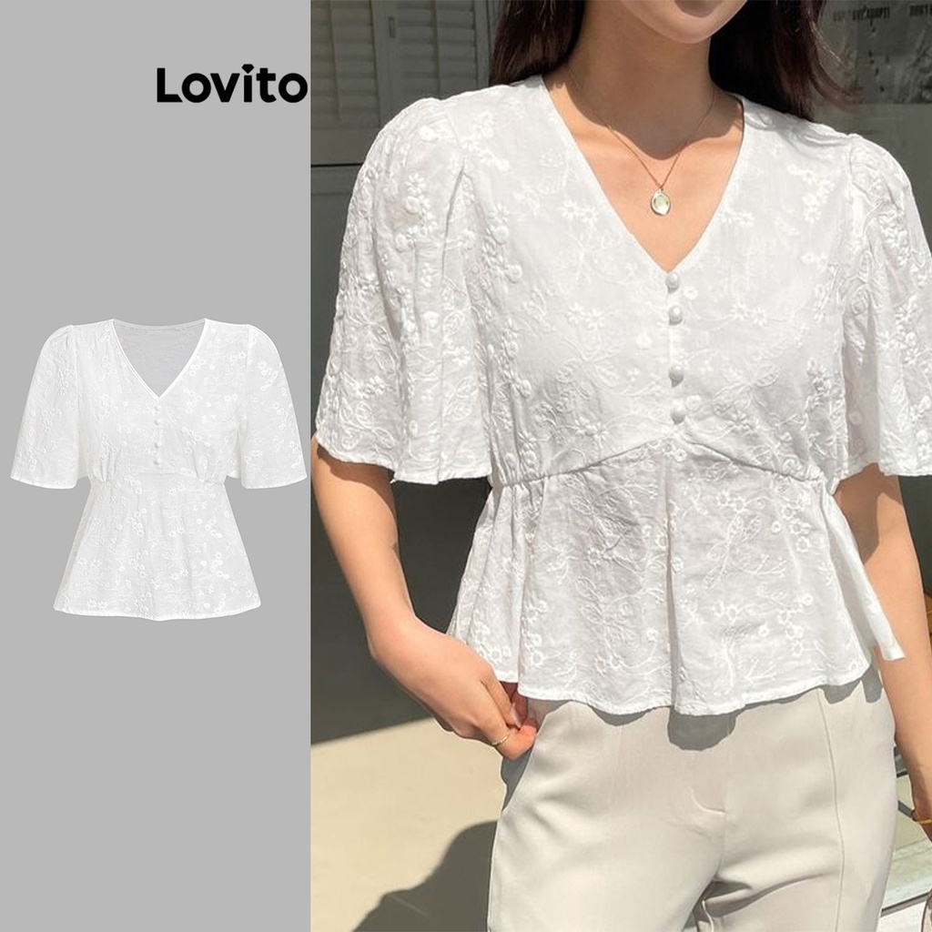 Lovito Elegant Plain Eyelet Embroidery Button Ruffle Hem Blouse For