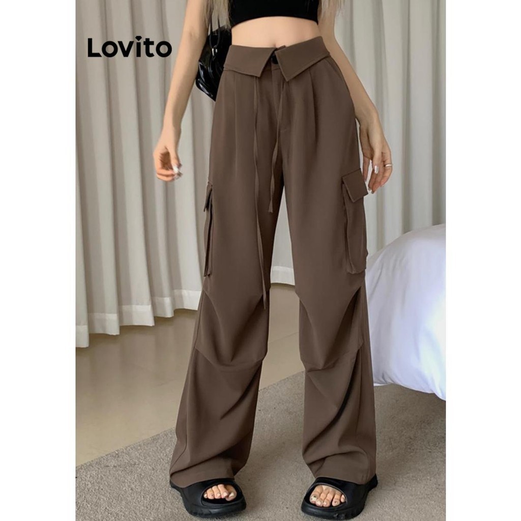 Lovito Casual Plain Pocket Lace Up Pants For Women Lne Shopee