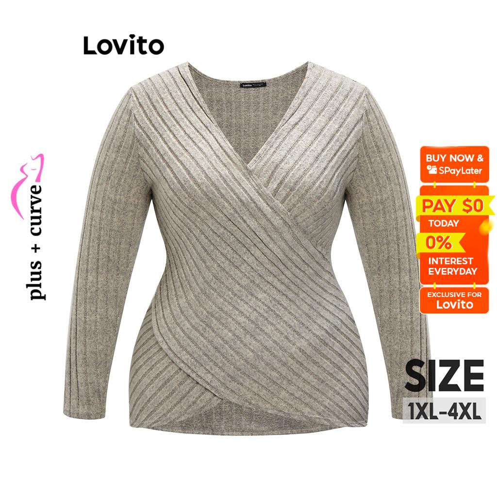 Lovito Plus Size Curve Casual Plain Wrap T Shirt For Women Lbe