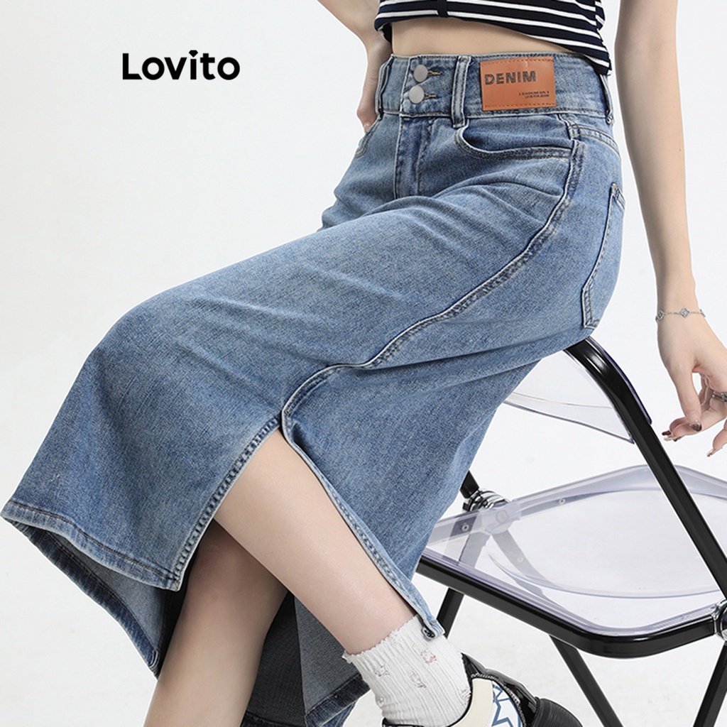 Lovito Casual Plain Pocket Split Front Denim Skirts For Women Lna