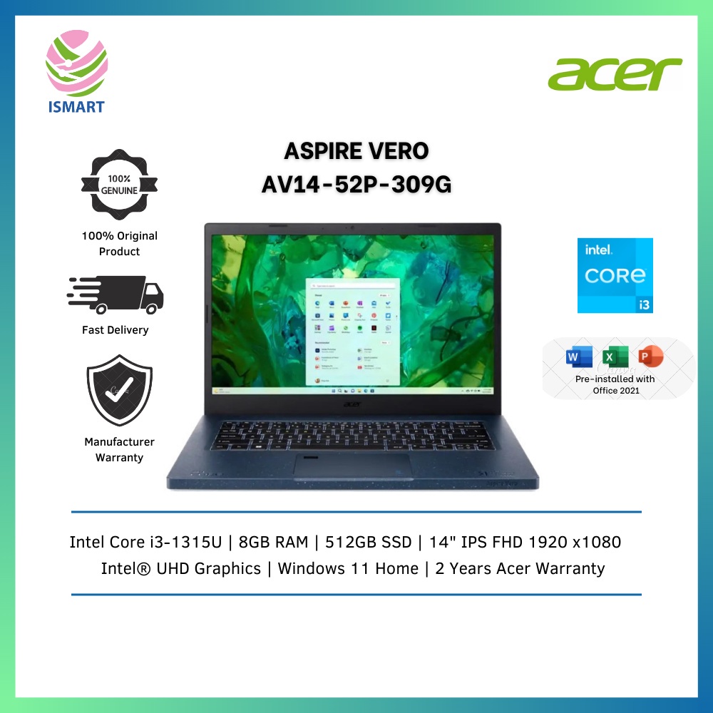 Acer Aspire Laptop Vero AV14 52P 309G 14 FHD Marianna Blue I3 1315U