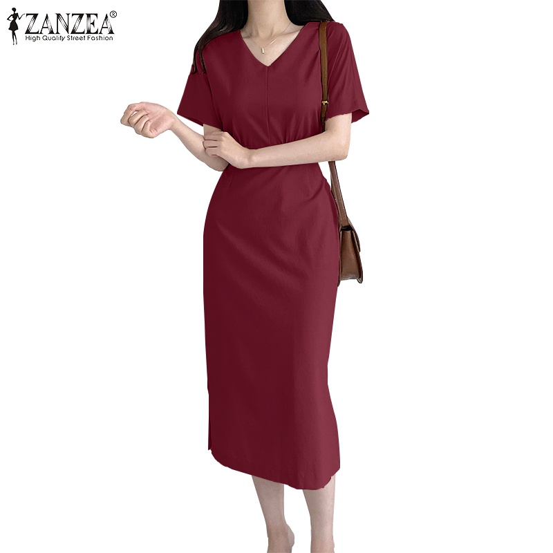 ZANZEA Women Korean Solid Color Short Sleeve V Neck Cotton Linen