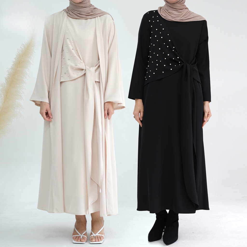 Plain Color Cardigan Abaya Piece Sets Women Wear Abayas Sets Muslim