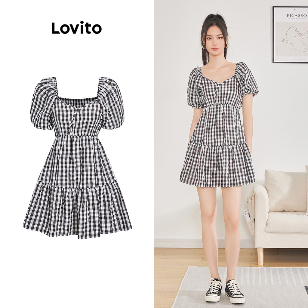 Lovito Casual Gingham Wrap Ruffle Hem Puff Sleeve Dress For Women