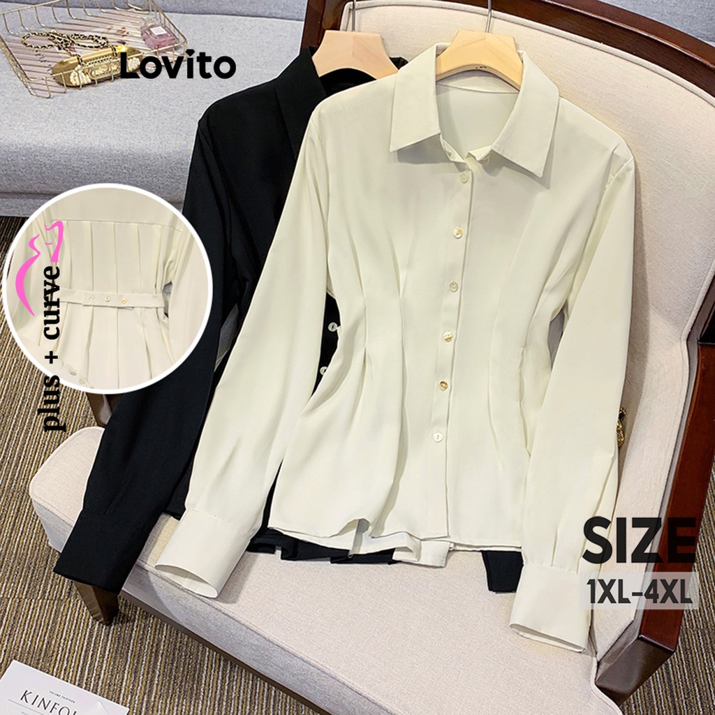 Lovito Plus Size Curve Elegant Plain Button Pleated Belted Blouse For