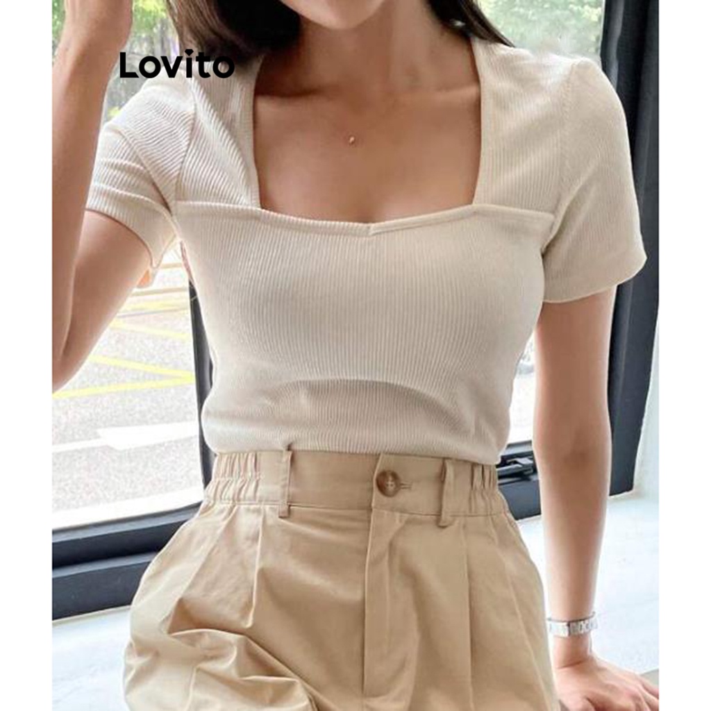 Lovito Casual Plain Square Neck T Shirt For Women L Ed Apricot