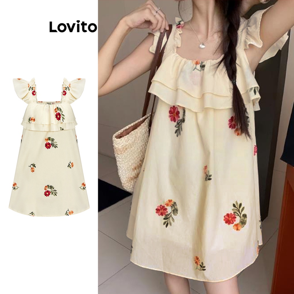 Lovito Casual Ditsy Floral Ruffle Embroidery Dress For Women L Ed