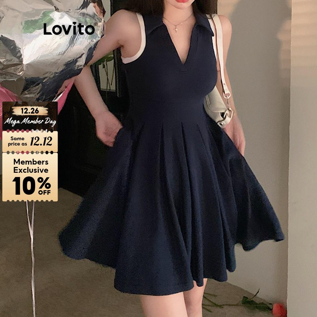 Lovito Casual Plain Colorblock Pleated Dress For Women LNA14177 Blue