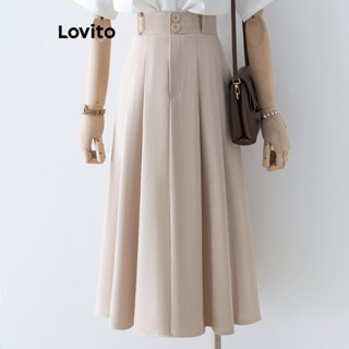 Lovito Casual Plain Pleated Double Button Ball Gown Skirts For Women