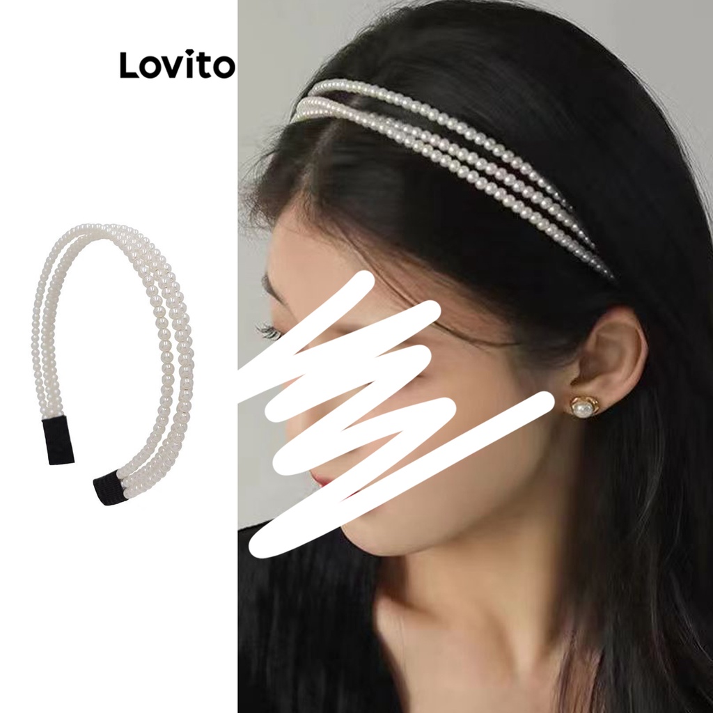 Lovito Elegant Plain Pearls Round Three Ply Headband For Women LFA08414