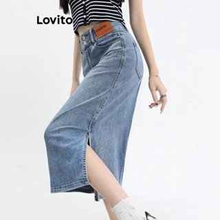 Lovito Casual Plain Pocket Split Front Denim Skirts For Women Lna