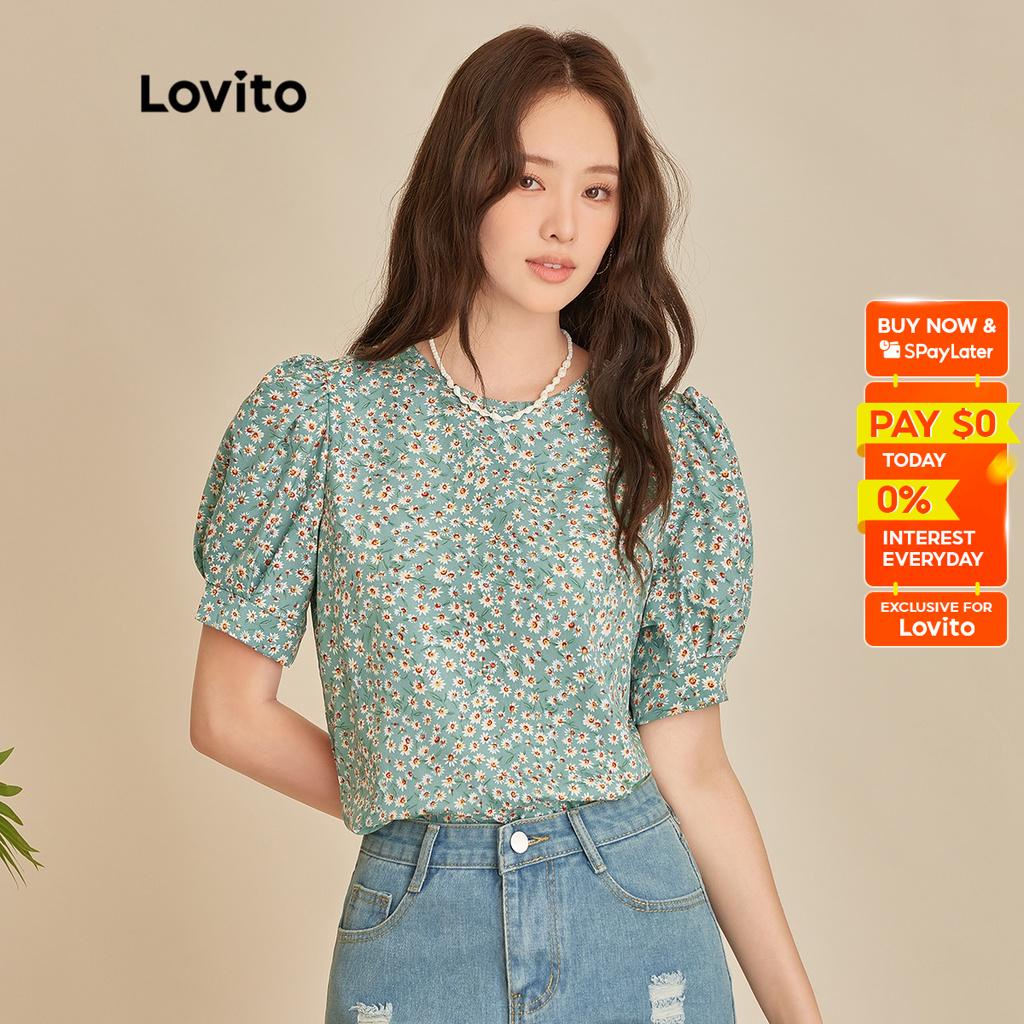 Lovito Boho Floral Round Neck Puff Sleeves Short Sleeves Blouse