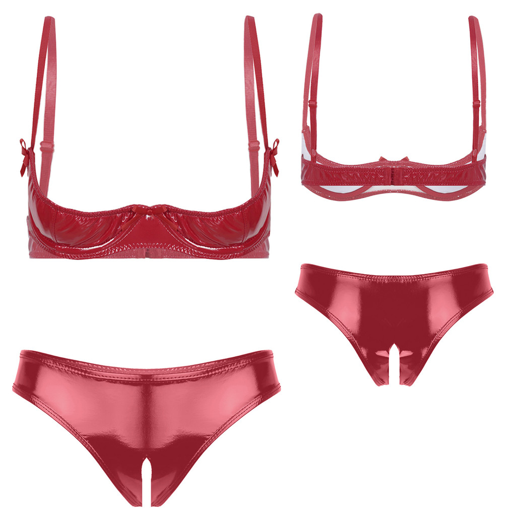 JEYPINMI Womens Glossy Patent Leather Lingerie Set Underwear Adjustable