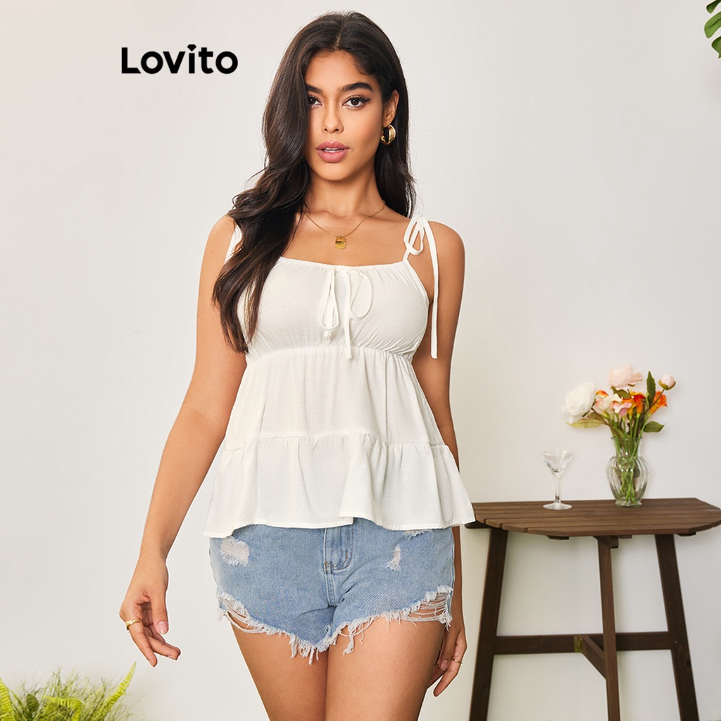 Lovito Casual Plain Lace Up Tank Top For Women LBA05049 White Lovito