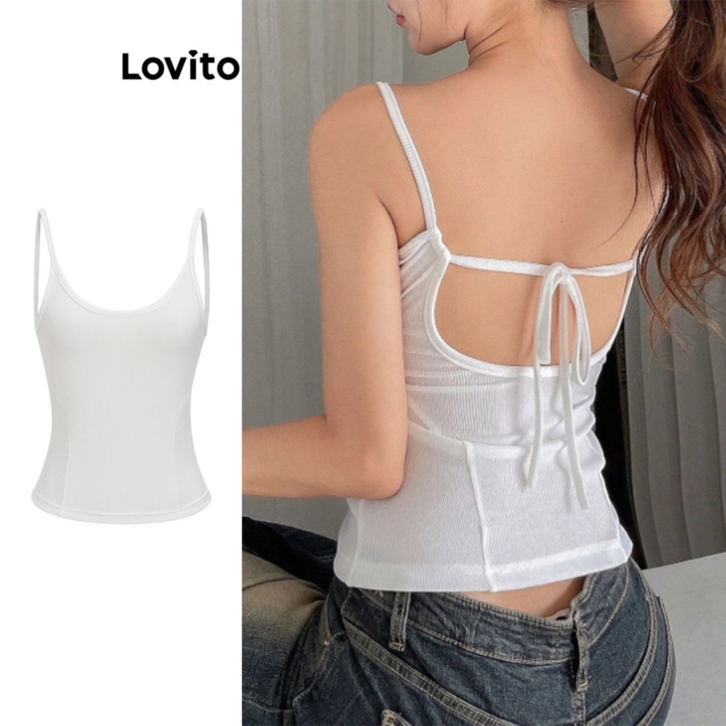 Lovito Casual Plain Lace Up Backless Structure Line Tank Top For Women