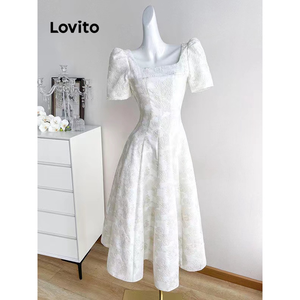 Lovito Elegant Plain Square Neck Dress For Women LNE21212 White