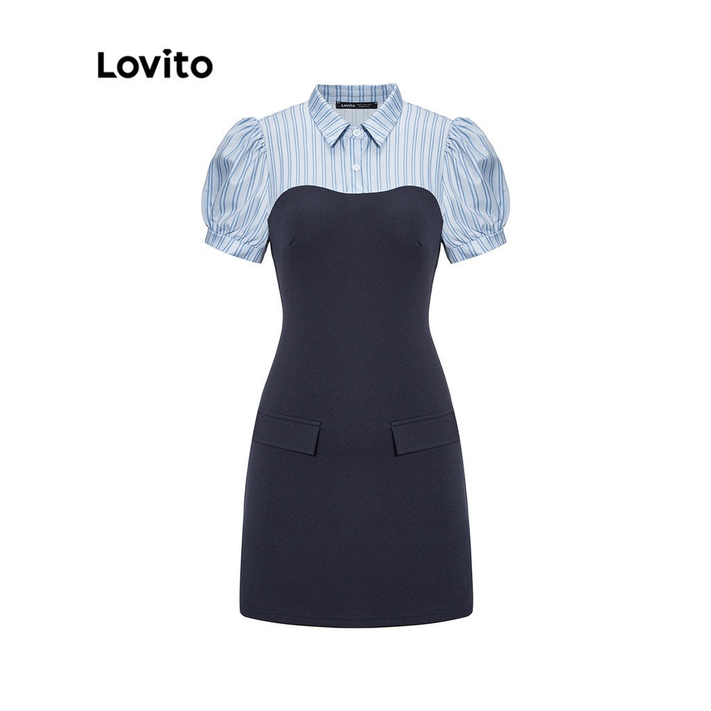 Lovito Preppy Striped Fabric Stitching Colorblock Dress For Women