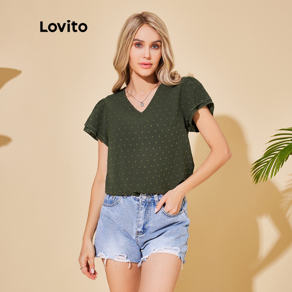 Lovito Casual Polka Dot Jacquard Ruffle Blouse For Women LBL06047 Dark