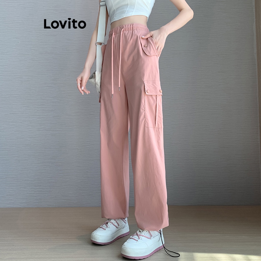 Lovito Casual Plain Pocket Lace Up Pants For Women L68ED106 Pink Black