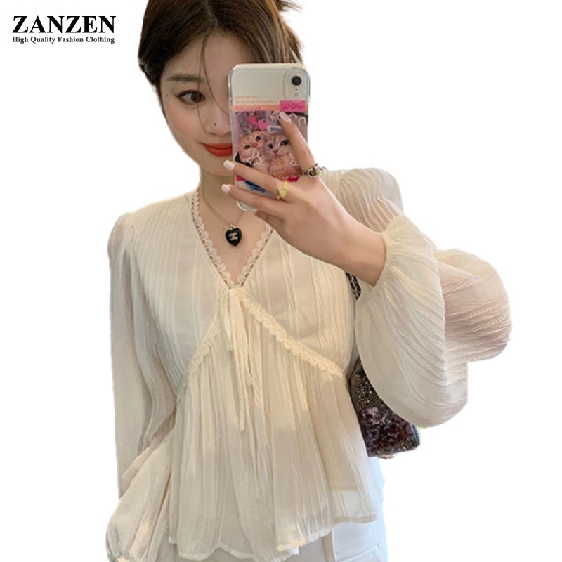 ZANZEN Korean Style Women S Lace Chiffon Blouse Plain Lace Frill V Neck