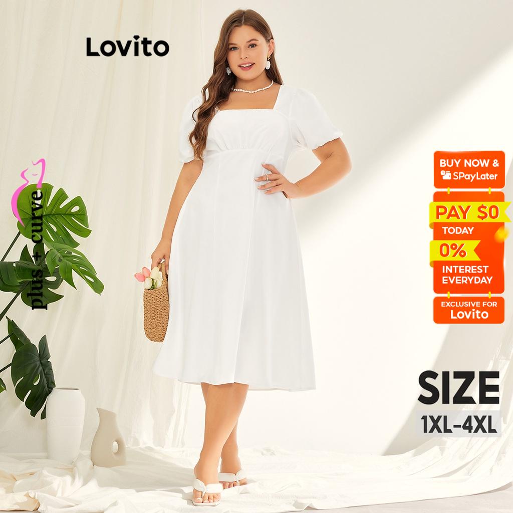 Lovito Plus Size Curve Casual Plain Split Puff Sleeve Dress For Women