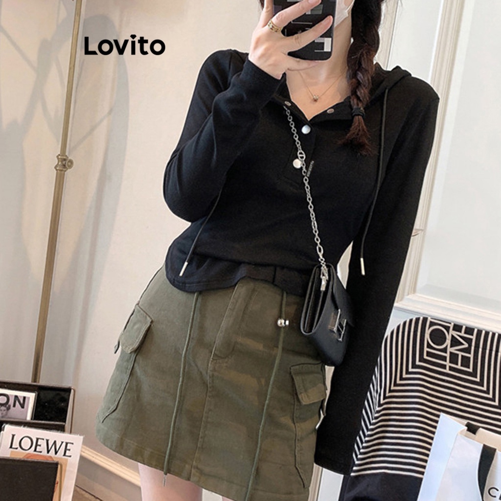 Lovito Casual Plain Button Front Lace Up T Shirt For Women Lne