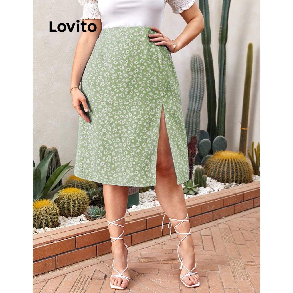 Lovito Plus Size Curve Elegant Ditsy Floral Split Front Skirts For