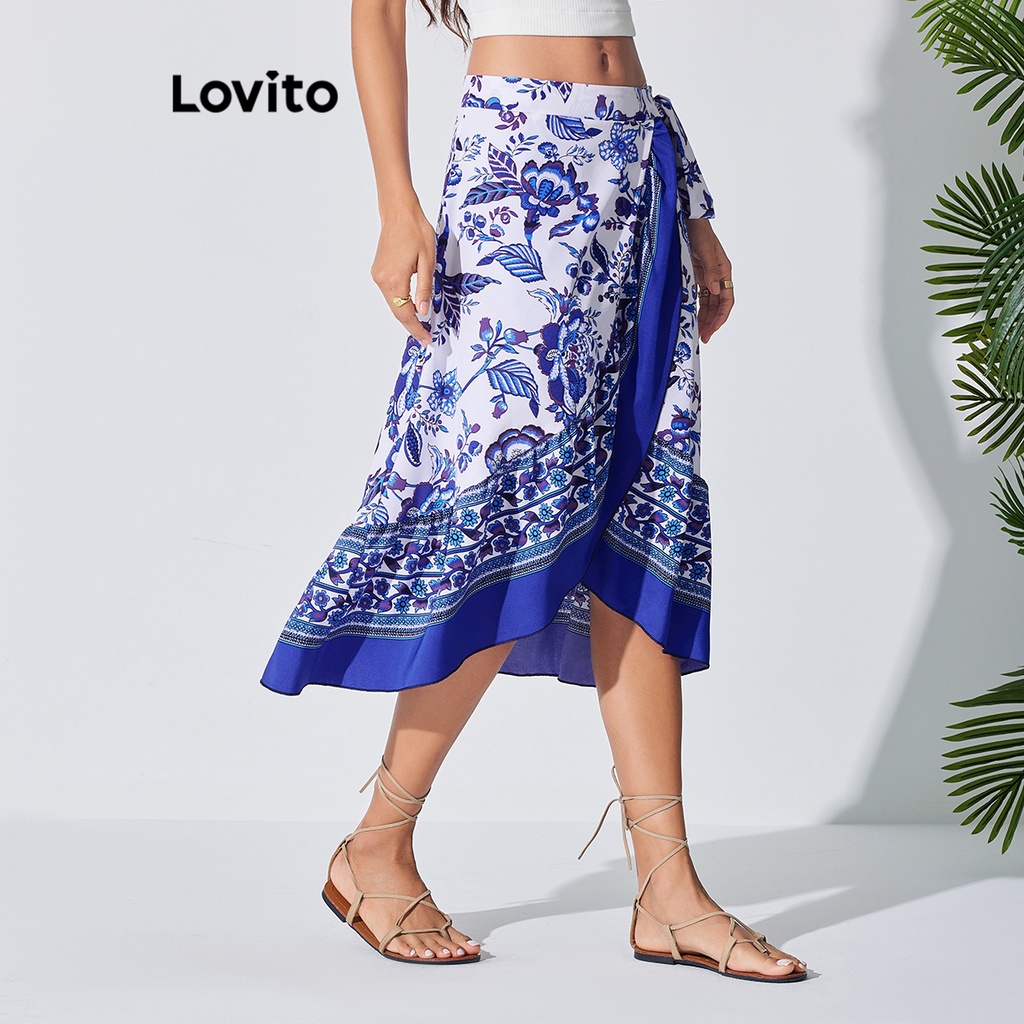 Lovito Boho Tribal Print Bow Wrap High Low Skirts For Women Lbl