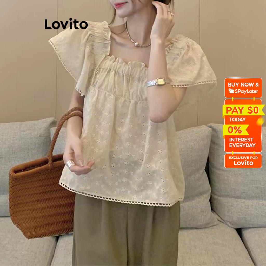 Lovito Casual Ditsy Floral Eyelet Embroidery Frill Ruffle Hem Cotton